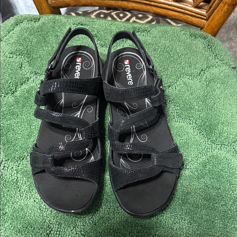 Revere Miama Black Lizard Strappy Comfort Sandals. Size 41UK
